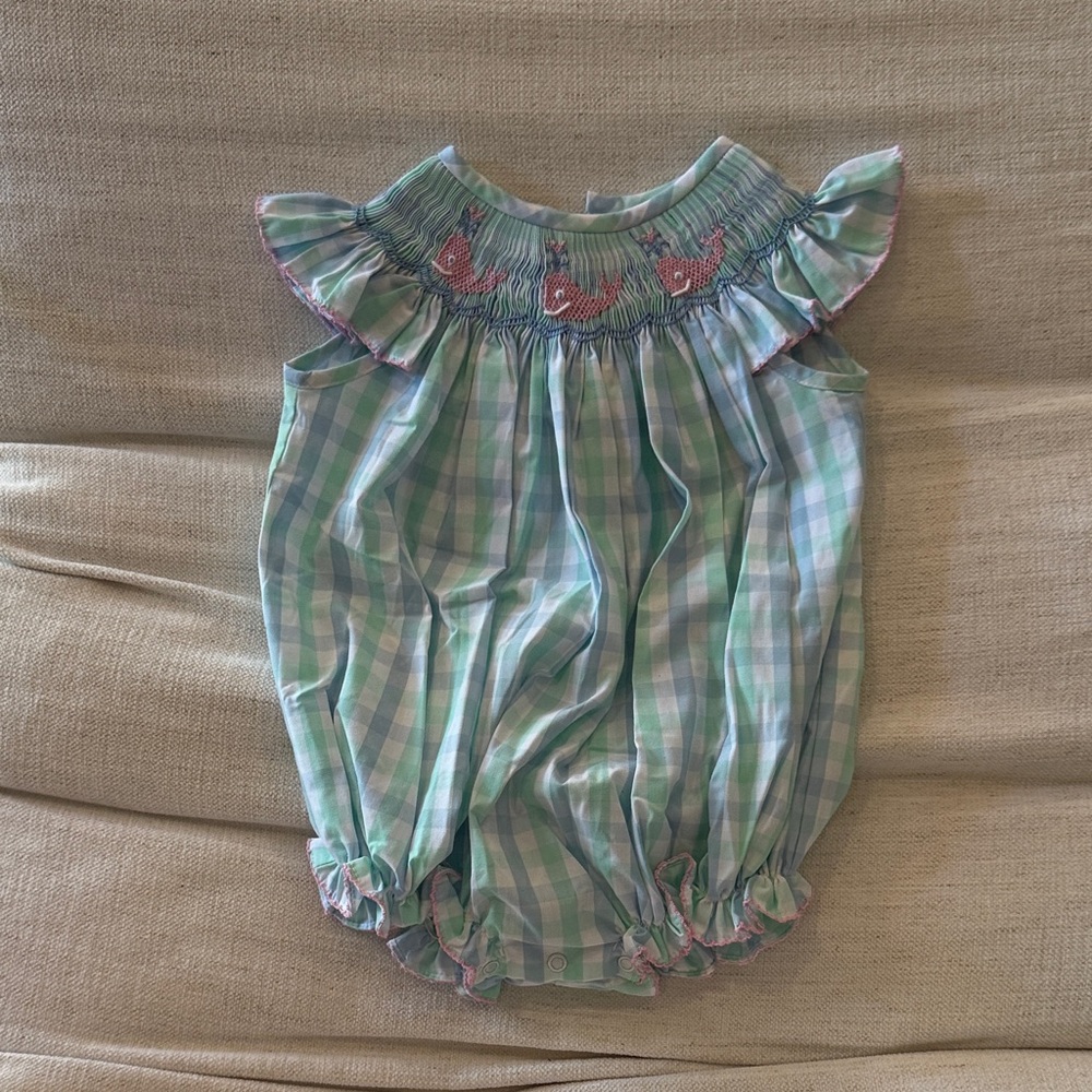 Shrimp & Grits Kids Green and Pink Romper